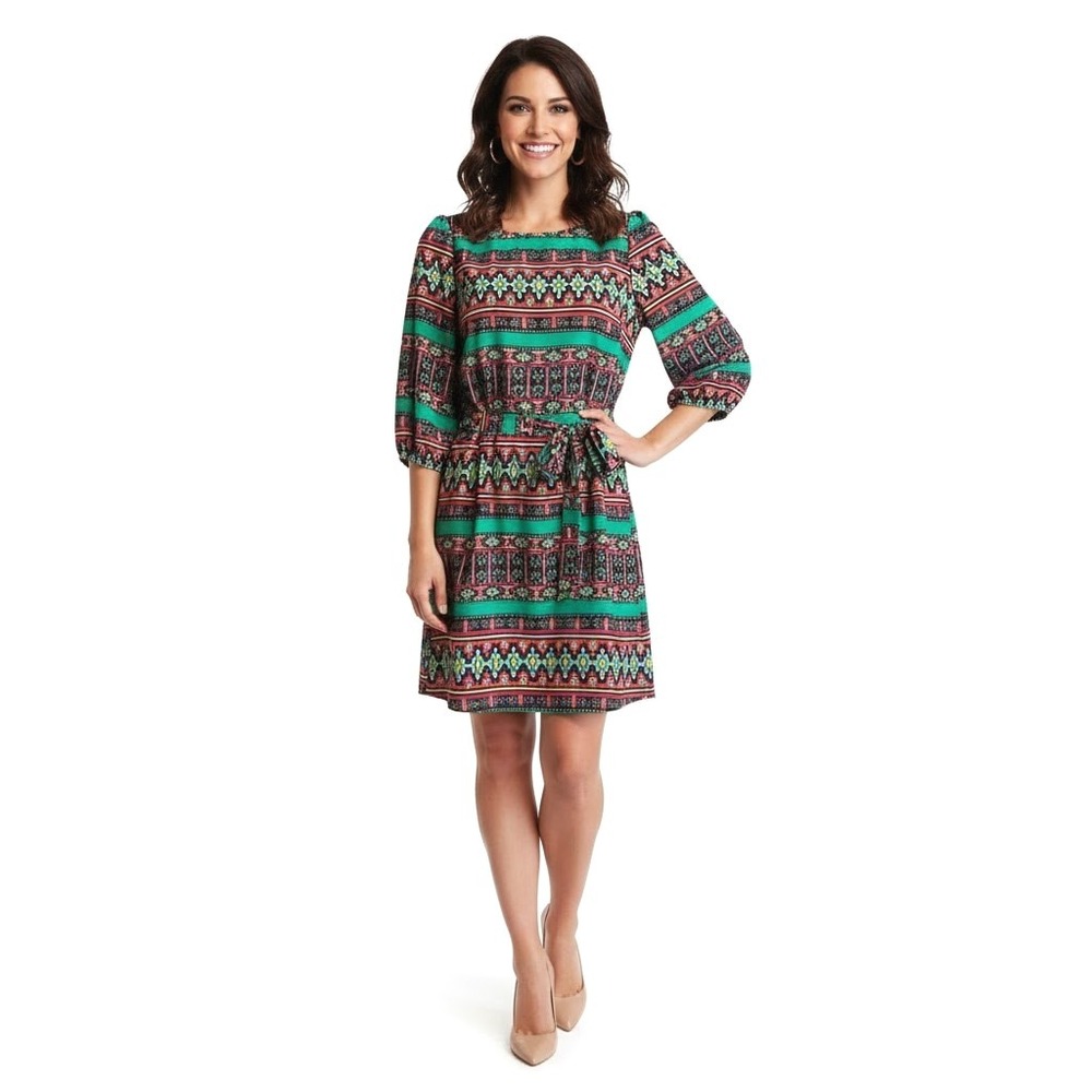 Alya‎ Geometric Print Green Pink Yellow Tie Waist 3/4 Sleeve Dress S